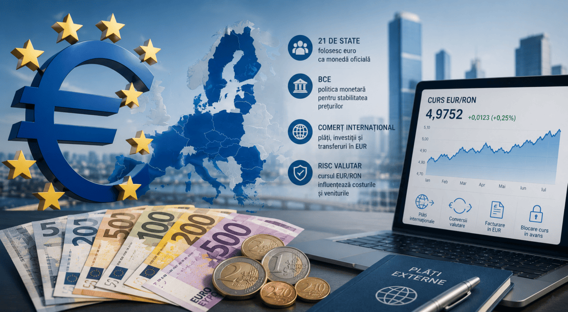 Euro este moneda comună a 21 de state UE. Aflați unde circulă, cum funcționează și de ce contează cursul EUR/RON pentru companii la plățile externe.