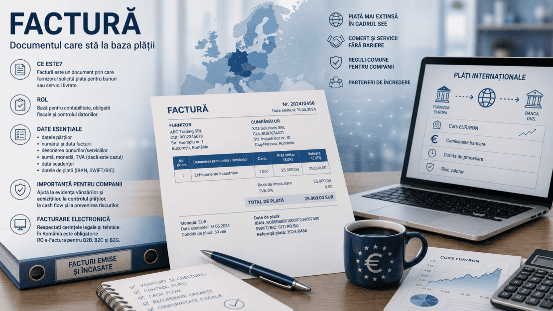 Factura este documentul care atestă livrarea unui bun sau serviciu. Aflați ce trebuie să conțină, la ce folosește și de ce este importantă în plăți.