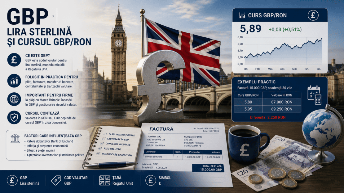 GBP este codul valutar al lirei sterline. Aflați cum funcționează cursul GBP/RON și de ce contează la plățile cu Marea Britanie.