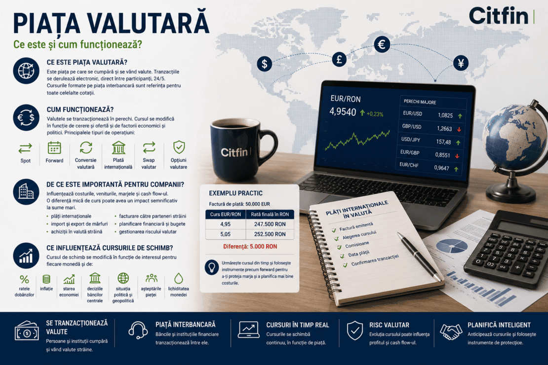 Piața valutară este spațiul unde se tranzacționează valute străine. Aflați cum se formează cursurile și de ce contează la plățile internaționale.
